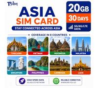 Tarjeta SIM Asia 30 Días 20GB | Mantente Conectado en Tailandia, Vietnam, Indonesia, Malasia, Singapur, Filipinas, Camboya y Laos | Datos 4G/5G rápidos | Recargable | Hotspot | Soporte 24x6