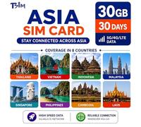 Tarjeta SIM Asia 30 Días 30GB | Mantente Conectado en Tailandia, Vietnam, Indonesia, Malasia, Singapur, Filipinas, Camboya y Laos | Datos 4G/5G rápidos | Recargable | Hotspot | Soporte 24x6