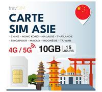 Tarjeta SIM Asia travSIM | 15 días - 10 GB | Tarjeta SIM Asia, Uso en Macao, China, Hong Kong, Malasia, Tailandia, Singapur y más | Acceso a Google, Facebook, Whatsapp y más | Sin costes de