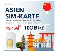 Tarjeta SIM Asia travSIM | 30 días - 10 GB | Tarjeta SIM Asia, Uso en Macao, China, Hong Kong, Malasia, Tailandia, Singapur y más | Acceso a Google, Facebook, Whatsapp y más | Sin costos de Roaming