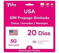Tarjeta SIM de EE. UU. 20 días. Red T-Mobile con Datos ilimitados de Alta Velocidad en 5G/4G/LTE | Llamadas Locales y Mensajes ilimitados en EE. UU. (Incluido Hawái). ¡Tarjeta SIM 5G!