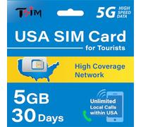 Tarjeta SIM de EE. UU. para turistas: 30 días con 5 GB de Datos en una Red de Alta Cobertura | Llamadas Locales ilimitadas Dentro de EE. UU. | Tarjeta SIM 5G Mejorada con Hotspot y tethering.