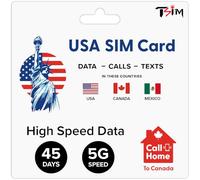 Tarjeta SIM EE. UU. para 45 días | Datos, Llamadas y Mensajes ilimitados en EE. UU., Canadá y México | Prepagada | Compartición de Internet/Hotspot/Tethering | Datos 5G de Alta Velocidad