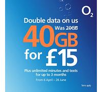 Tarjeta SIM O2 dual/triple payg (estándar, micro y nano) pre cargada con crédito de £15. Funciona en teléfonos móviles desbloqueados en el Reino Unido.