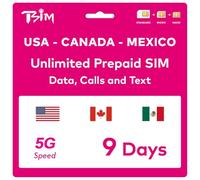 Tarjeta SIM Prepagada TSIM para EE. UU. por 9 días | Datos ilimitados 4G/5G en EE. UU. + Datos ilimitados a Baja Velocidad en Canadá y México | Llamadas Locales ilimitadas + Llamadas/SMS Gratis.