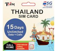 Tarjeta SIM Tailandia 15 Días Datos Ilimitados + Llamadas Locales | hasta 15 min de Llamadas internacionales | 4G/5G Alta Velocidad | Activación automática | Hotspot/Tethering | Soporte 24/6