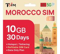 Tarjeta SIM TSIM Marruecos 30 Días | 10 GB de Datos de Alta Velocidad en 5G/4G/LTE (Compartir Datos Permitido) | Activación Automática | Sin Límite en la Velocidad de Datos | ¡Nueva Tarjeta SIM 5G