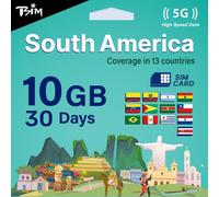 Tarjeta SIM TSIM para Sudamérica - 30 días, 10 GB | Red multioperador 5G/4G (Hotspot Permitido) | Uso en Brasil, Chile, Colombia, Argentina, Ecuador y más | Activación automática.