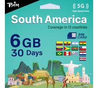 Tarjeta SIM TSIM para Sudamérica - 30 días, 6 GB | Red multioperador 5G/4G (Hotspot Permitido) | Uso en Brasil, Chile, Colombia, Argentina, Ecuador y más | Activación automática.