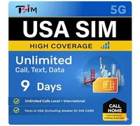 Tarjeta SIM USA 9 días con Call Home | Alta Cobertura de Red | Datos ilimitados en la Red | Llamadas/SMS Locales + internacionales ilimitados en EE. UU. (Incluido Alaska) | Tarjeta SIM 5G