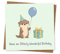 Tarjeta, tarjeta de cumpleaños de nutria para niños o amantes de los animales, bonita nutria de fiesta con globo y regalo, ten un maravilloso cumpleaños