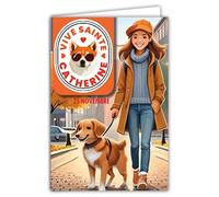Tarjeta Vive Sainte Catherine 25 de noviembre Desea una Feliz Fiesta a una Joven Mujer a la que le encanta pasear con su perro, con sobres blancos, formato 12 x 17 cm, fabricado en Francia