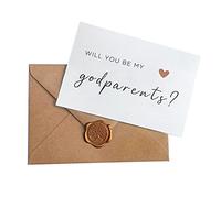 Tarjeta Will You Be My Godparents con sobre de Kraft y sello de cera, letras de línea elegante impresas en cartulina pesada, tarjetas de propuesta para padrinos