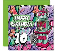 Tarjetas de 10º cumpleaños para niños - Robot graffiti malvado - Tarjeta de cumpleaños para niño de 10 años, 145 mm