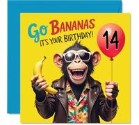 Tarjetas de cumpleaños número 14 para niñas y niños - Monkey Go Bananas It's Your Birthday! - Tarjeta de feliz cumpleaños para niñas de 14 años, nieta, hijo, hija, hermana, tarjetas de felicitación de