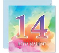 Tarjetas de cumpleaños número 14 para niños y niñas, diseño de acuarela colorida, tarjeta de feliz cumpleaños para niños de 14 años, hijo, nieto, sobrina, hermano, tarjetas de felicitación de