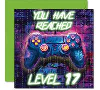 Tarjetas de cumpleaños número 17 para niños, videojugador de neón, tarjeta de feliz cumpleaños para niño de 17 años, nieto, sobrino, primo, hermano, tarjetas de felicitación de cumpleaños de 145 mm
