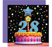 Tarjetas de cumpleaños número 28 para hombres y mujeres, pastel rosa y estrellas, tarjeta de feliz cumpleaños para hombre de 28 años, mujer, colega, hermana, vecino, hija, tarjetas de felicitación de