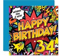 Tarjetas de cumpleaños número 34 para mujeres y hombres, diseño de cómic Pow! - Tarjeta de feliz cumpleaños para mujer de 34 años, hombre, hijo, colega, hija, vecino, tarjetas de felicitación de