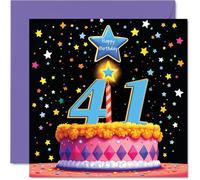 Tarjetas de cumpleaños número 41 para mujeres y hombres, pastel rosa y estrellas, tarjeta de feliz cumpleaños para mujer de 41 años, hombre, tía, vecino, esposa, hija, tarjetas de felicitación de
