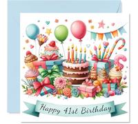 Tarjetas de cumpleaños número 41 para mujeres y hombres, pastel y regalos, tarjeta de feliz cumpleaños para mujer de 41 años, hombre, vecino, amigo, tía, hijo, tarjetas de felicitación de cumpleaños