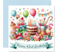 Tarjetas de cumpleaños número 43 para mujeres y hombres, pastel y regalos, tarjeta de feliz cumpleaños para mujer de 43 años, sobrino, hermano, amigo, vecino, tarjetas de felicitación de cumpleaños de