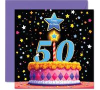 Tarjetas de cumpleaños número 50 para hombres y mujeres, pastel rosa y estrellas, tarjeta de feliz cumpleaños para hombre de 50 años, mujer, esposa, niñera, papá, vecino, tarjetas de felicitación de