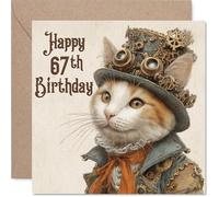 Tarjetas de cumpleaños número 67 para hombres y mujeres, diseño de gato punk de vapor, tarjeta de feliz cumpleaños para hombre de 67 años, mujer, hermano, abuela, tío vecino, tarjetas de felicitación