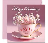 Tarjetas de cumpleaños número 80 para mujer, taza de flores, tarjeta de feliz cumpleaños para mujer de 80 años, abuela, abuela, niñera, nana, tarjetas de felicitación de cumpleaños de 145 mm