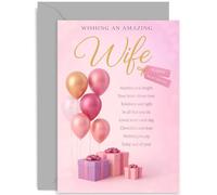 Tarjetas de cumpleaños para esposa de marido, globos de coral rosa y regalos, poema sentimental sincero, cumpleaños especial para ella, bonito diseño, viene con sobre de alta calidad