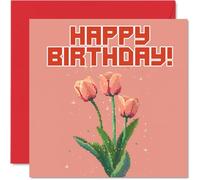 Tarjetas de cumpleaños para hombres y mujeres, tulipanes de arte de píxeles, tarjeta de feliz cumpleaños para hermano, hermana, hijo, hija, tío, tía, colega, amigo, 145 mm x 145 mm, tarjetas de