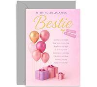 Tarjetas de cumpleaños para mejor amiga, globos de coral rosa y regalos, poema sentimental sincero, cumpleaños especial para mejor amiga, bonito diseño, viene con sobre de alta calidad