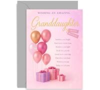 Tarjetas de cumpleaños para nieta y adulta, globos de coral rosa y regalos, poema sentimental sincero, cumpleaños especial para ella, bonito diseño, viene con sobre de alta calidad