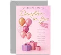 Tarjetas de cumpleaños para nuera y adulta, globos de coral rosa y regalos, poema sentimental sincero, cumpleaños especial para ella, bonito diseño, viene con sobre de alta calidad