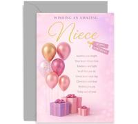Tarjetas de cumpleaños para sobrina, globos de coral rosa y regalos, poema sentimental sincero, cumpleaños especial para ella, bonito diseño, viene con sobre de alta calidad