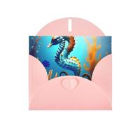 Tarjetas de felicitación de sobre rosa con patrón único de caballito de mar de coral de fondo marino para escribir tus bendiciones para varias fiestas