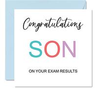 Tarjetas de felicitación para hijo - On Your Exams - Proud of You Card Felicitaciones Graduación Grado Exámenes Exámenes Escuela Universidad GCSE A Level Uni, 145 mm x 145 mm Well Done Tarjetas de