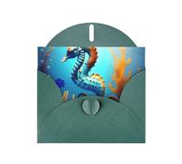 Tarjetas de felicitación sobre verde oscuro con patrón único de caballito de mar de coral de fondo marino para escribir tus bendiciones para varias fiestas