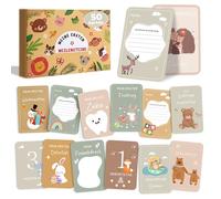 Tarjetas de hito para bebé, 50 tarjetas de mes alemanas de doble cara con motivos de animales y cajas de regalo, adecuadas para bebés, niños y niñas para cumpleaños, baby showers y regalos de