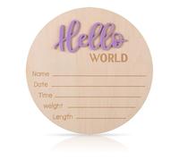 Tarjetas de Hitos Bebe, 15cm Letrero de Madera de Hello World Tarjetas de Hitos Mensuales Bebe para Niños y Niñas Recién Nacidos Accesorios para Fotos Baby Shower Guardería (Púrpura Claro)