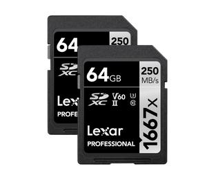 Tarjetas de memoria Lexar Professional SDXC 1667x de 64 GB (paquete de 2) UHS-II C10 U3 V60 para video Full HD y 4K con velocidad de lectura de h