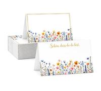 Tarjetas de mesa con texto en alemán «Schön dass du da bist » 50 unidades - Tarjetas de lugar con flores para tarjetas de nombre de boda y mesa - Juego de tarjetas plegables como decoración de bodas