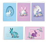Tarjetas de Pascua con sobre, juego de 10 unidades, plegables, Feliz Pascua en A6, tarjetas plegables de colores con conejos, flores, Happy Easter, juego de tarjetas de Pascua de alta calidad