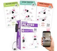 Tarjetas de pilates - 58 tarjetas de ejercicios con video instrucciones y consejos de respiración | Anillo gratis y marcador de borrado en seco para planificador de entrenamiento en casa para mujeres
