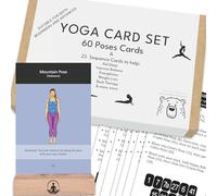 Tarjetas de yoga y mazo de secuencias con soporte de madera - 60 tarjetas de postura + 23 secuencias guiadas para principiantes y prácticas avanzadas