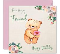 Tarjetas especiales de cumpleaños para mujeres y ella, oso de peluche floral, tarjeta de feliz cumpleaños para una amiga increíble, mejor amiga, colega, 145 mm x 145 mm, tarjetas de felicitación de cumpleaños con flores bonitas