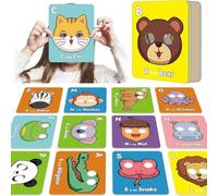 Tarjetas flash del alfabeto ABC con máscaras de animales, 26 tarjetas coloridas de máscara del alfabeto, juegos educativos interactivos, letras de aprendizaje, frases en inglés (26 unidades, talla