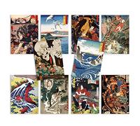 Tarjetas postales japonesas Ukiyo-e Art - Juego de 10 tarjetas postales de madera Samurai