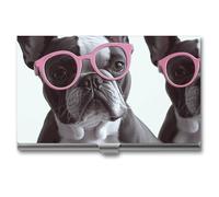 Tarjetero con gafas rosas estilo bulldog francés, estuche metálico delgado para tarjetas de presentación, tarjetero de bolsillo para mujeres u hombres, libreta de tarjetas de presentación para profe