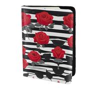 Tarjetero de piel con estampado de rayas blancas y negras y rosas rojas, accesorios de viaje, funda para pasaporte para mujeres y hombres, Negro -, Talla única